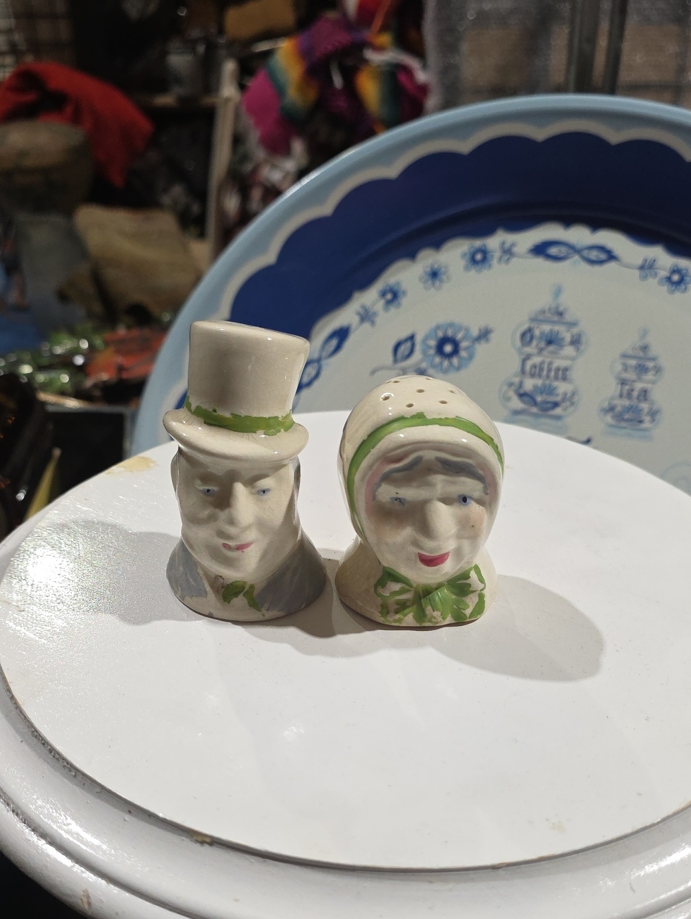 Vintage Ceramic Mr. & Mrs. Character Salt and Pepper Shakers - Cream & Green